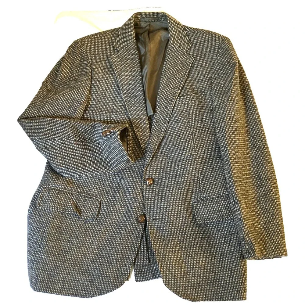 Stanley Blacker Vintage Tweed Wool Sport Coat Gray Fleck Check 42 44 USA Preppy